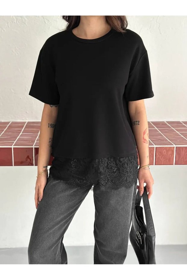 Women's Skirt Lace Detail T-Shirt Black