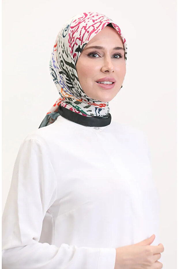 منقوش وشاح ناعم 70243-01 أخضر داكن برتقالي