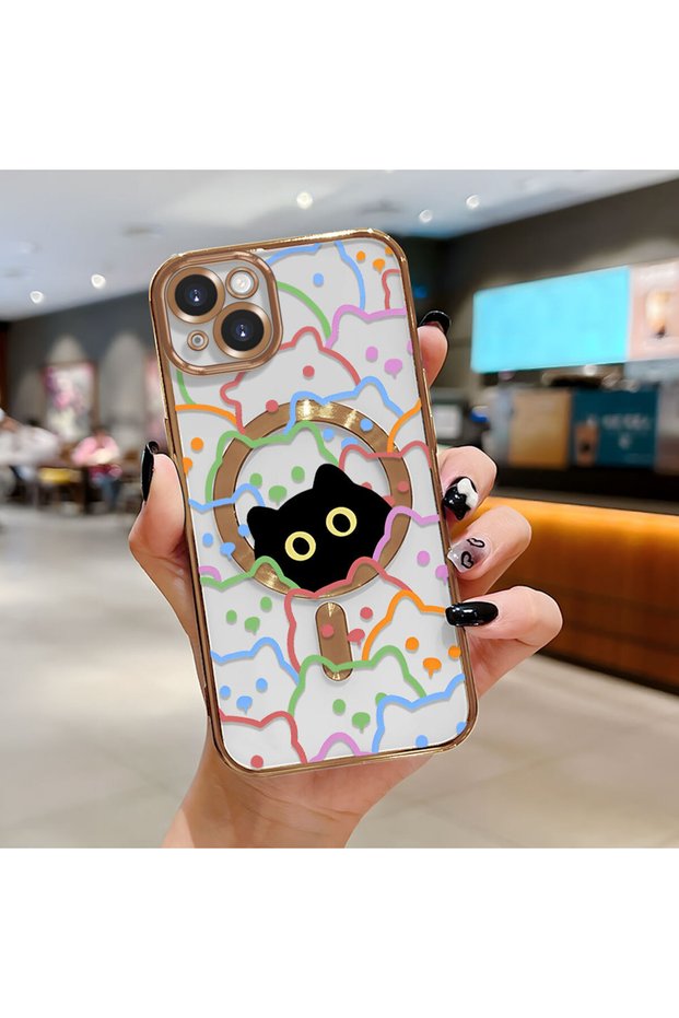 iPhone 14 Plus Compatible Transparent Soft Silicone Magsafe Wireless Phone Case Cat Pattern