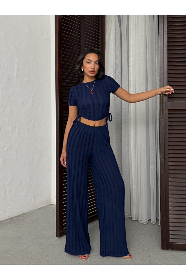 Side Gathered Crop Trousers Set Modern Fit Women