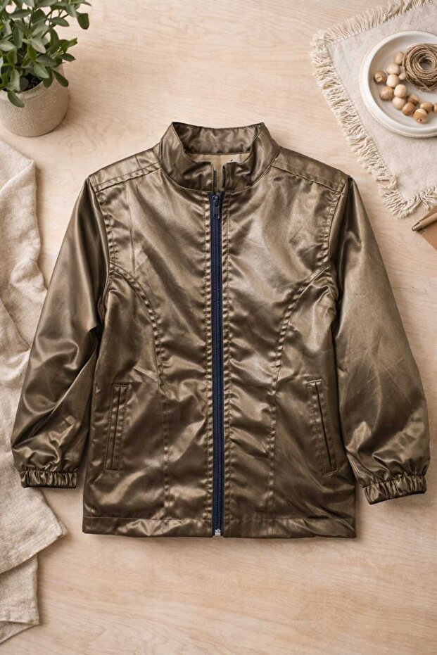 Girl Boy Leather-Look Shiny Coat Zippered Pocket Look Transitional Children's Jacket 5-6-7-8 Years Old