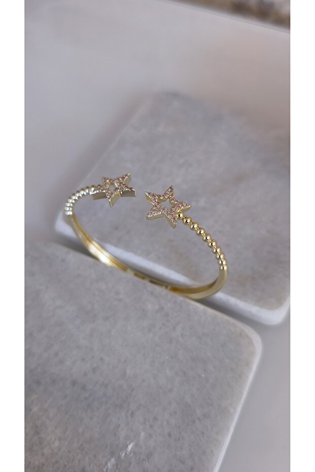 Pink Zircon Stone Ball Detailed Handcuff Bracelet