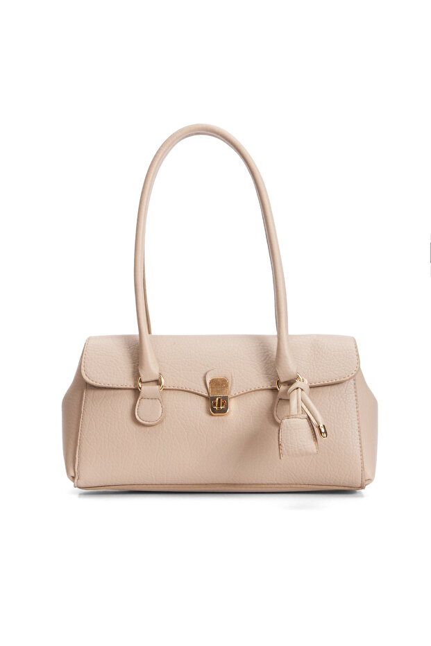 Women's Clamshell Lock and Charm Detailed Handbag and Shoulder Bag