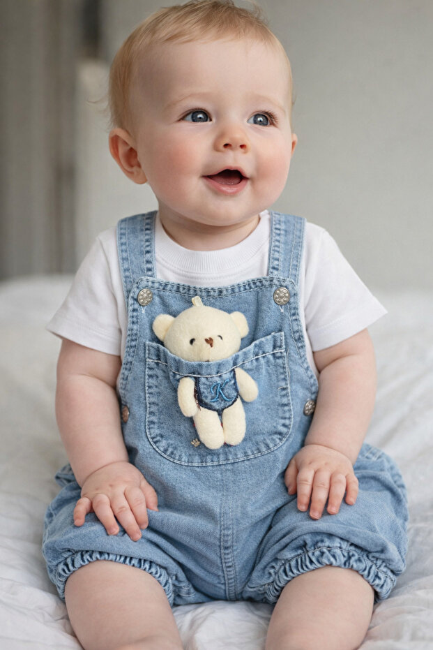 Unisex Baby Teddy Bear Print Denim Salopet Jumpsuit T-Shirt Set