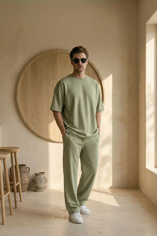 Men's Summer Green Tracksuit Set Oversized T-Shirt Elastic Lace-Up Baggy Pants Ls-1075