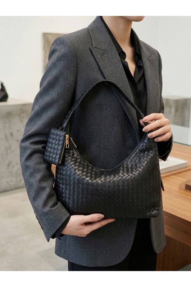 Perla Women's Knitwear Patterned Hand Knitted and Shoulder Bag Black