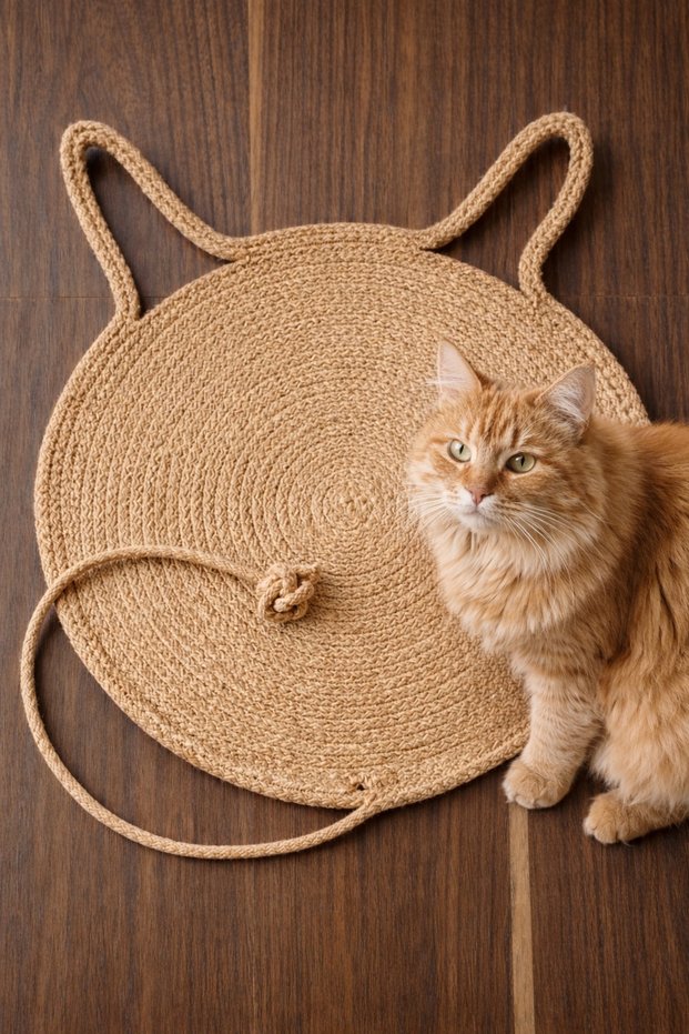100% Organic Jute Rope Cat Scratching Mat - Natural Knitted Cat Bed Oval 35X60 cm