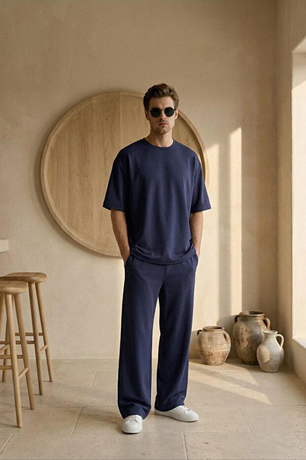 Men's Summer Navy Blue Tracksuit Set Oversized T-Shirt Elastic Lace-Up Baggy Pants Ls-1075