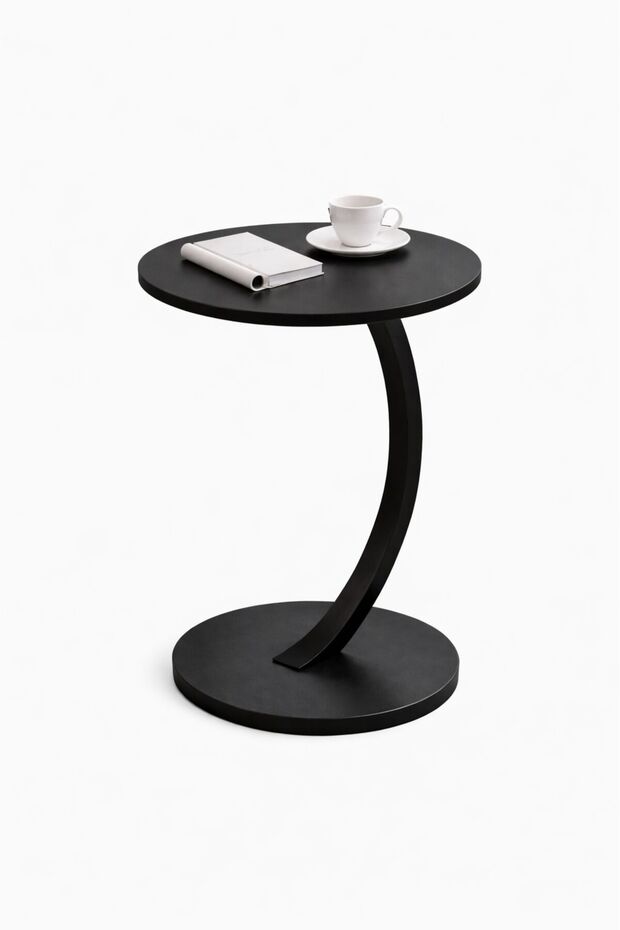 Modern Black Marble Round Side Table – MDF Marble Top with Black Carbon Steel Curved Frame