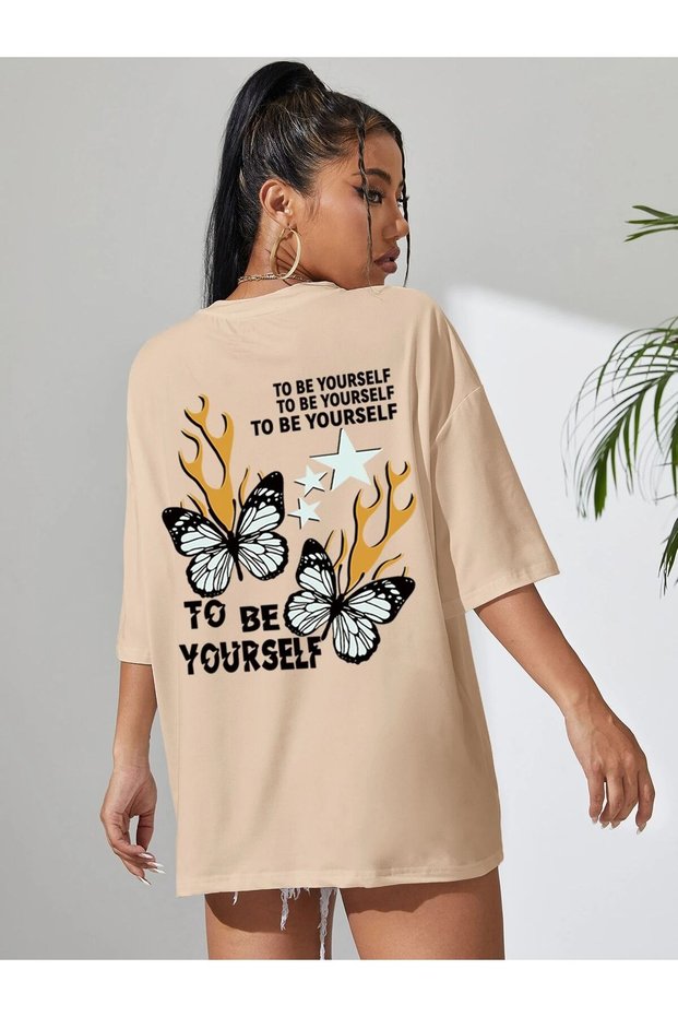 Women's White Oversized – Back Printed Butterfly & F Lamé Graphic Design Streetwear T-Shirt