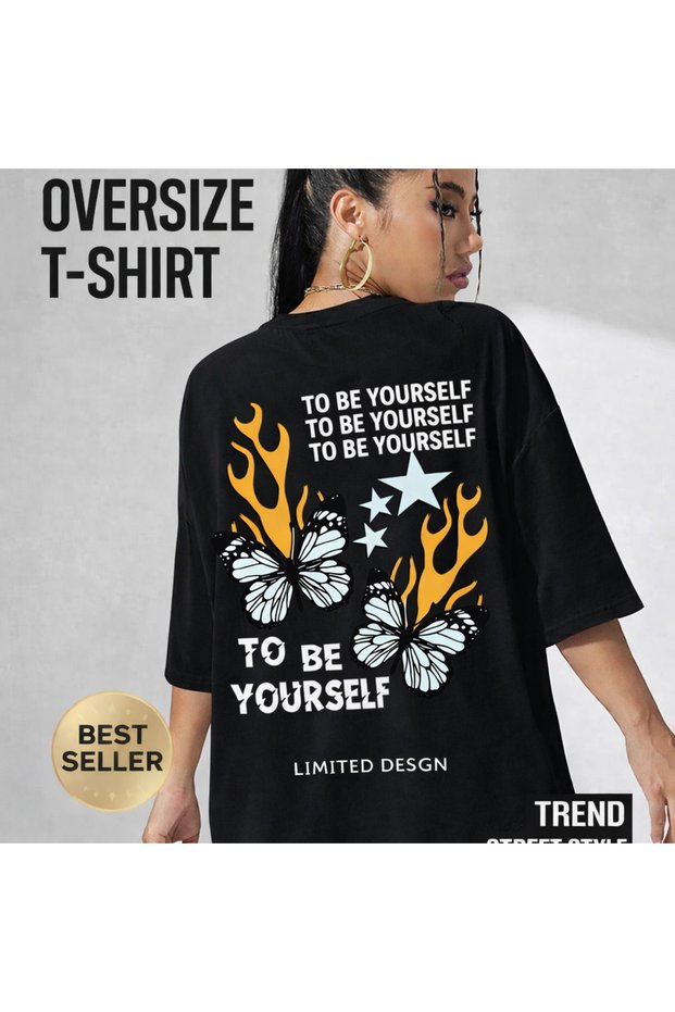 Women's White Oversized – Back Printed Butterfly & F Lamé Graphic Design Streetwear T-Shirt