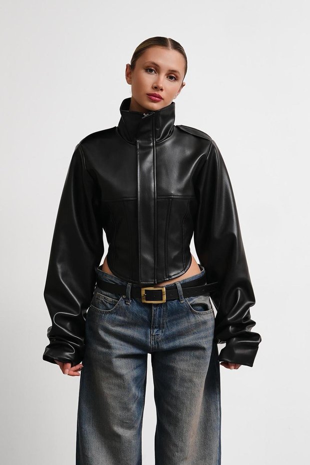 New Season Mock Neck Biker Cropped Women's Black Leather Jacket