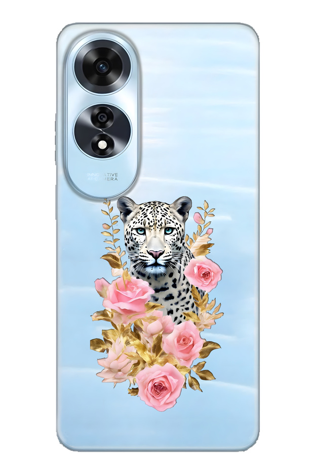 Oppo A60 Compatible Leopard and Pink Rose Patterned Transparent Phone Case
