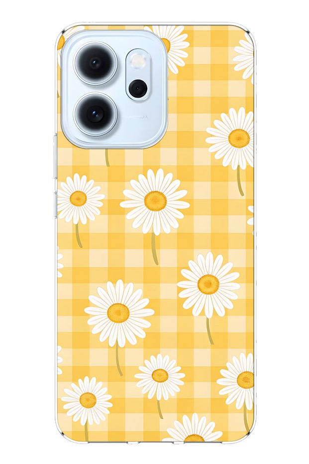 Oppo Reno 14F Compatible Yellow Checked Daisy Patterned Transparent Phone Case
