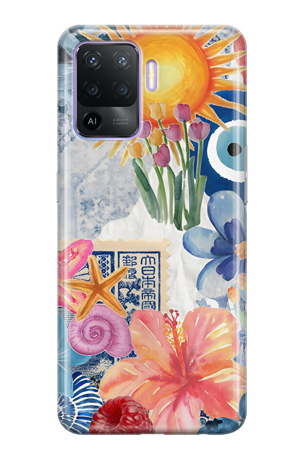 Oppo Reno 5 Lite Compatible Sunflowers and Evil Eye Bead Patterned Transparent Phone Case