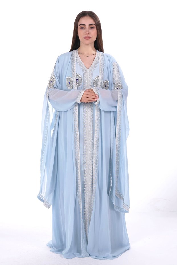 Embroidered kaftan with a belt at the waist, ladies belted kaftan dress