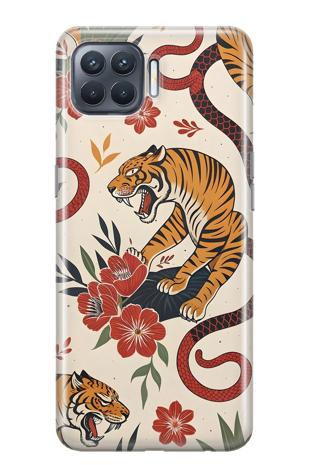 Oppo Reno 4 Lite Compatible Tiger and Snake Patterned Patterned Transparent Phone Case
