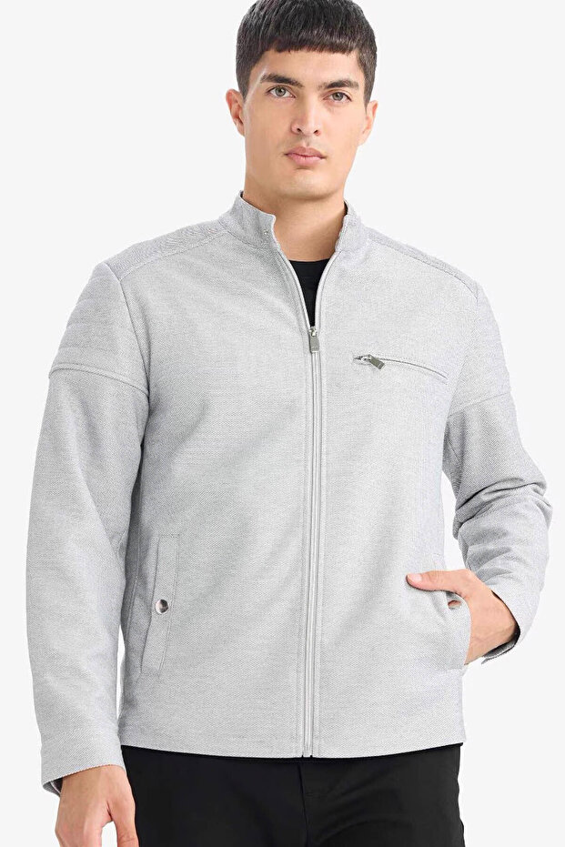 Slim Fit Mock Neck Zippered Gray Men's Coat D7534Ax/Gr221