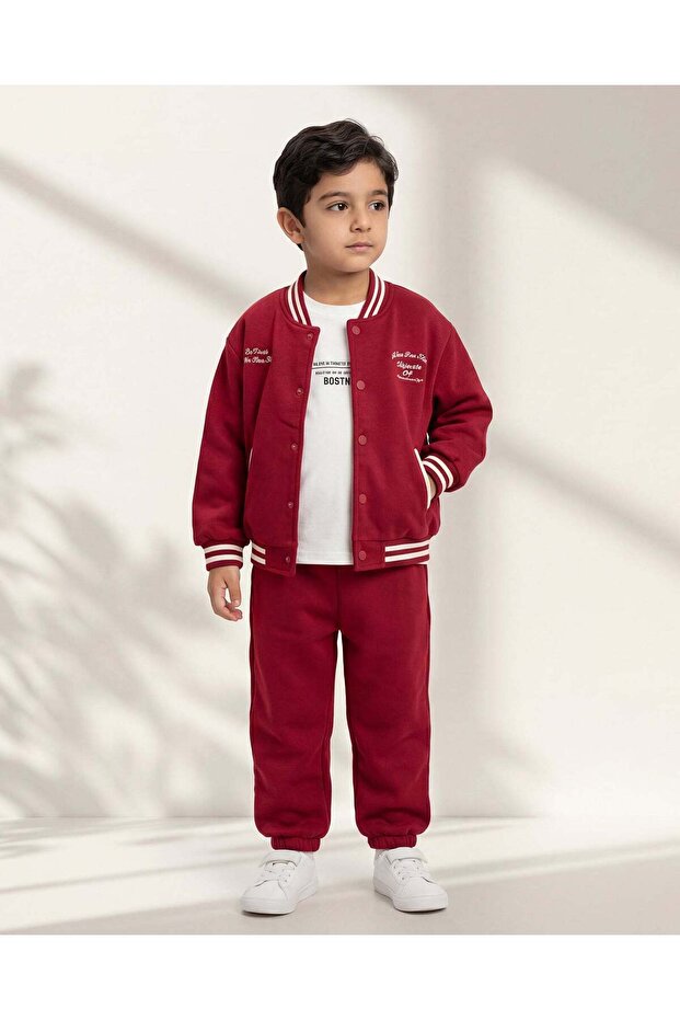 Boys Red Printed Button Front Jog Set (3 Piece)