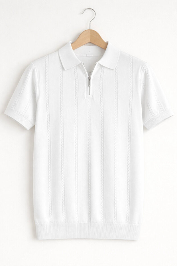 Men's Polo Neck Patterned Knitwear T-Shirt White Cd164