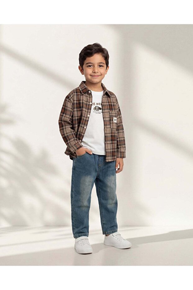 Boys Brown Checked Shirt with White Long Sleeve Tshirt And Denim 3Pc Set