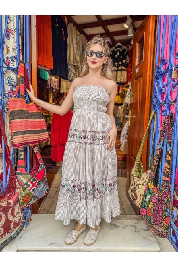 White Color Floral Embroidered Strapless Bohemian Dress