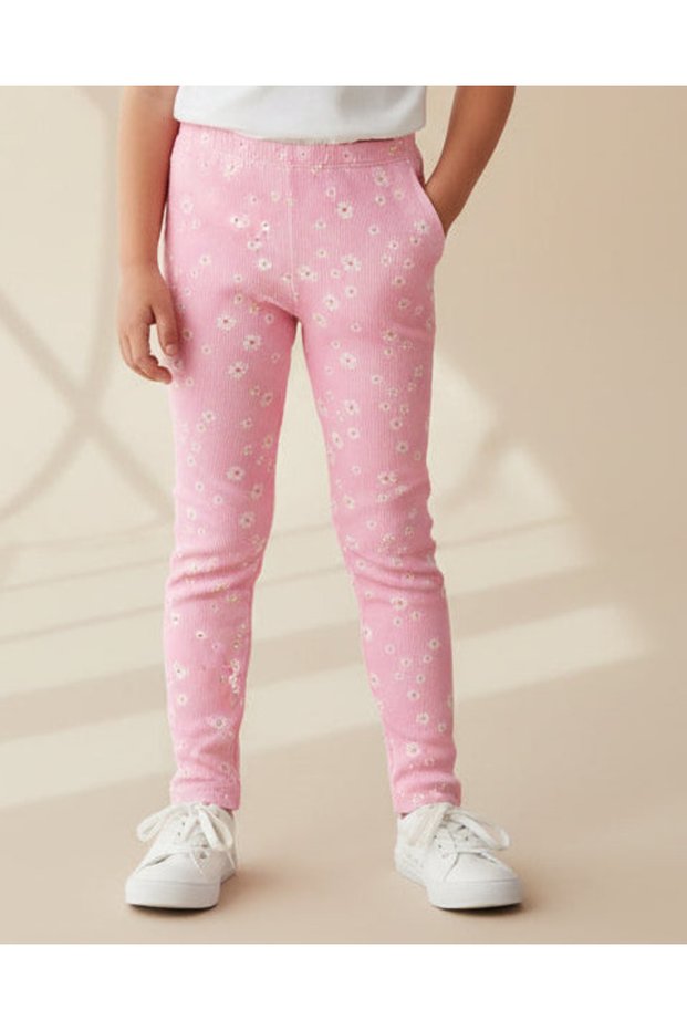 Girls Pink Floral Rib Leggings