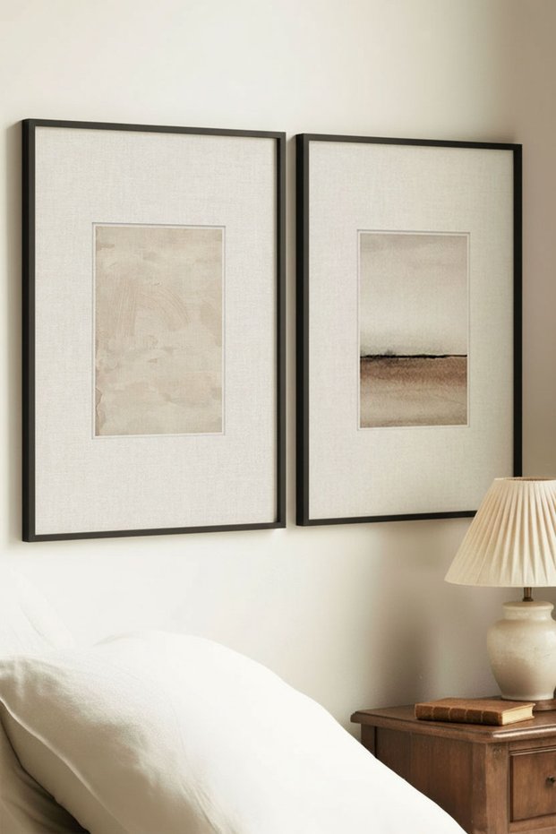 2 Pieces Black Wooden Framed Minimalist Abstract Vintage Paintings