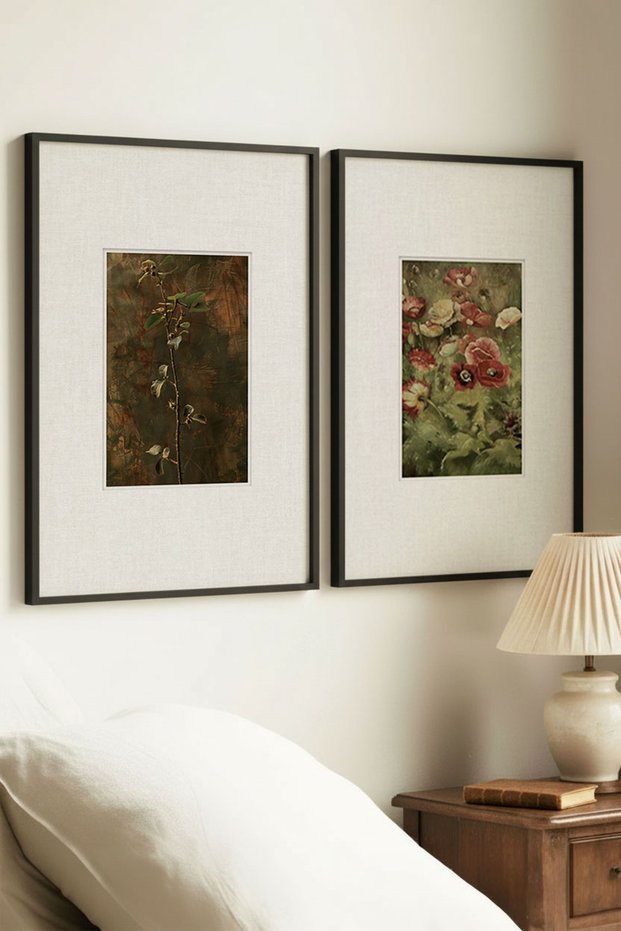 2 Pieces Black Wooden Framed Vintage Painting with Fading Leaves, Branches and Flowers Theme