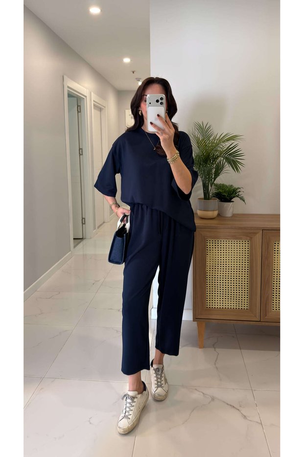 Mustica Navy Blue Sides Slit Modal Set