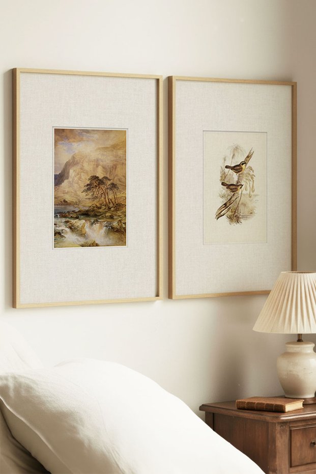 2 Pieces of Vintage Paintings with Natural Wooden Frames: Waterfall and Birds on the Branch