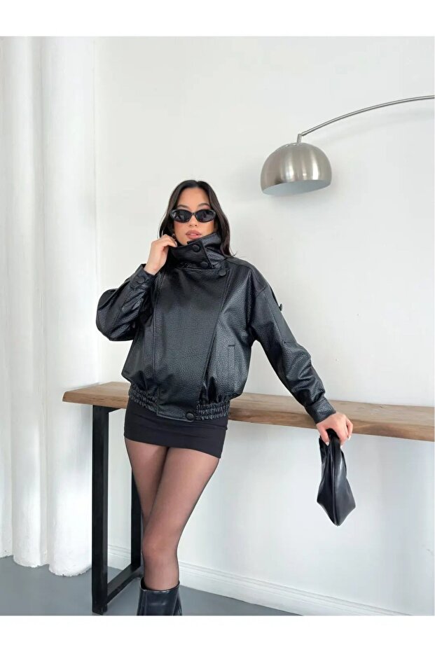 Zra High-Neck Black Stand-Up Collar Buttoned Oversize Faux Leather Jacket