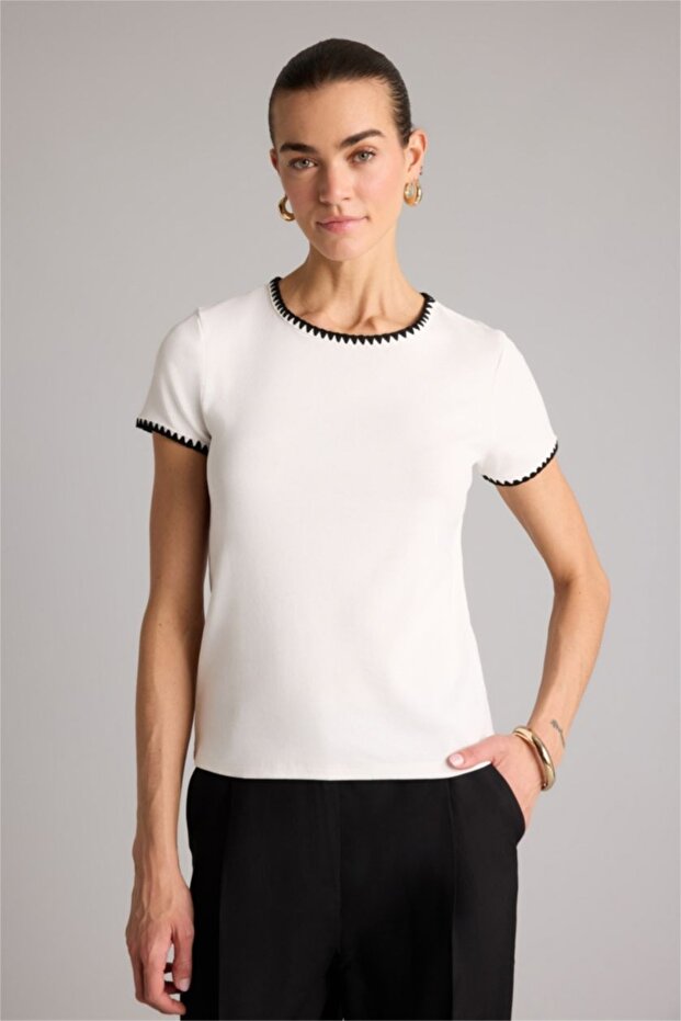 Regular Fit Ribana Ecru Women's T-Shirt F9831Ax/Er105