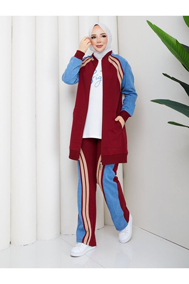 3 Piece Women's Sports Set Two Thread Pa Cotton Ot Detailed Zippered Tracksuit Set N-05505 _ Claret Red