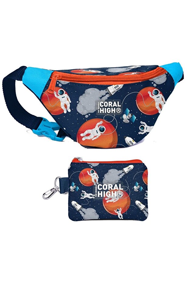 Boy's Navy Blue Astronaut Patterned Waist Bag and Coin Wallet Set