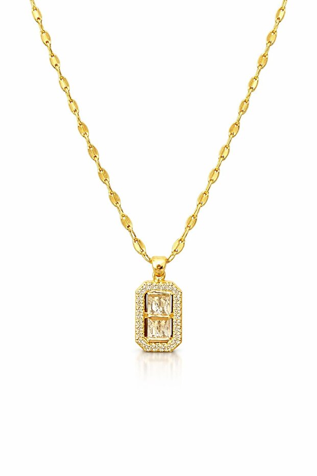 Stainless Steel Baguette Gold Color Zircon Stone Necklace
