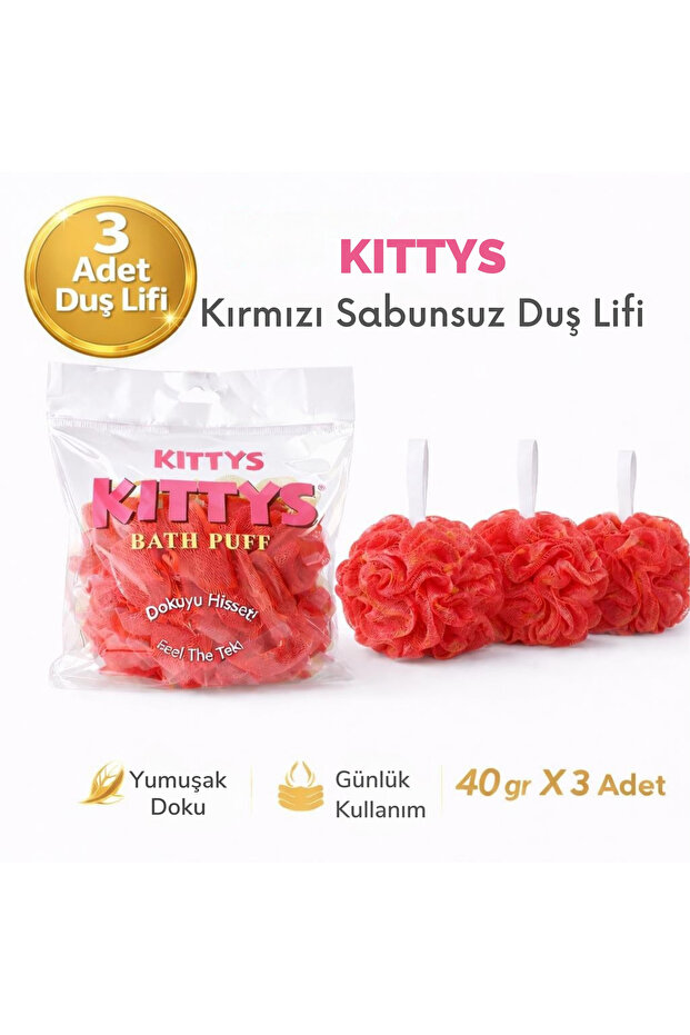 Kittys 3-Pack Red Soap-Free Shower Loofah 40Gr Soft and Durable Bath Loofah, Use with Shower Gel