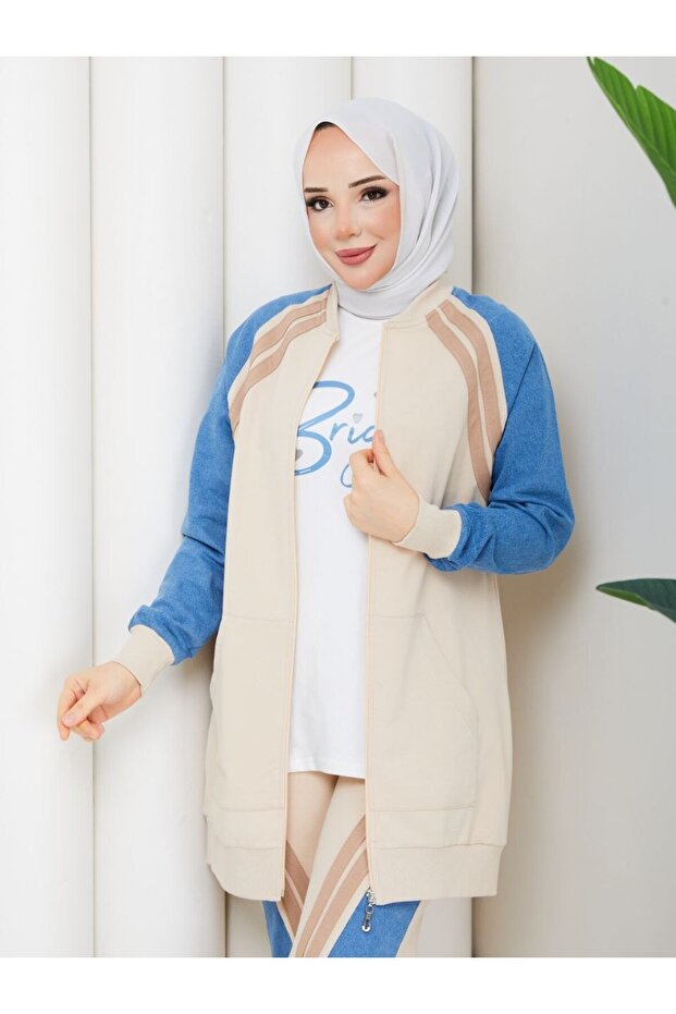 3 Piece Women's Sports Set Two Thread Pa Cotton Ot Detailed Zippered Tracksuit Set N-05505 _ Cream