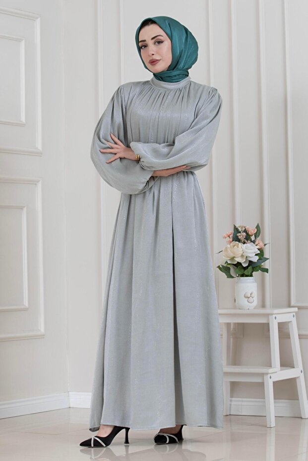 Balloon Sleeve Stoned Water Evening Dress-Mint Green