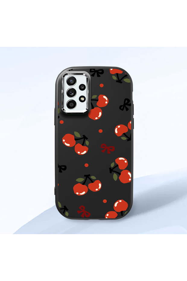 Samsung Galaxy A52S Compatible Camera Protected Black Soft Silicone Phone Case Cherry Patterned