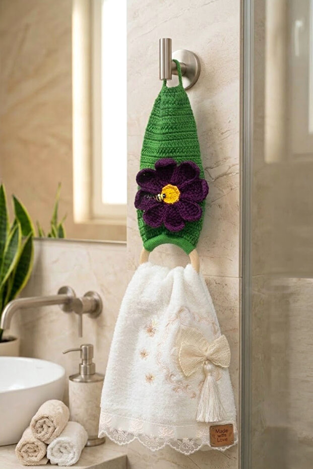 Hand Knitted Figured Kitchen and Bathroom Towel Rack - Wooden Bamboo Decorative Towel Holder