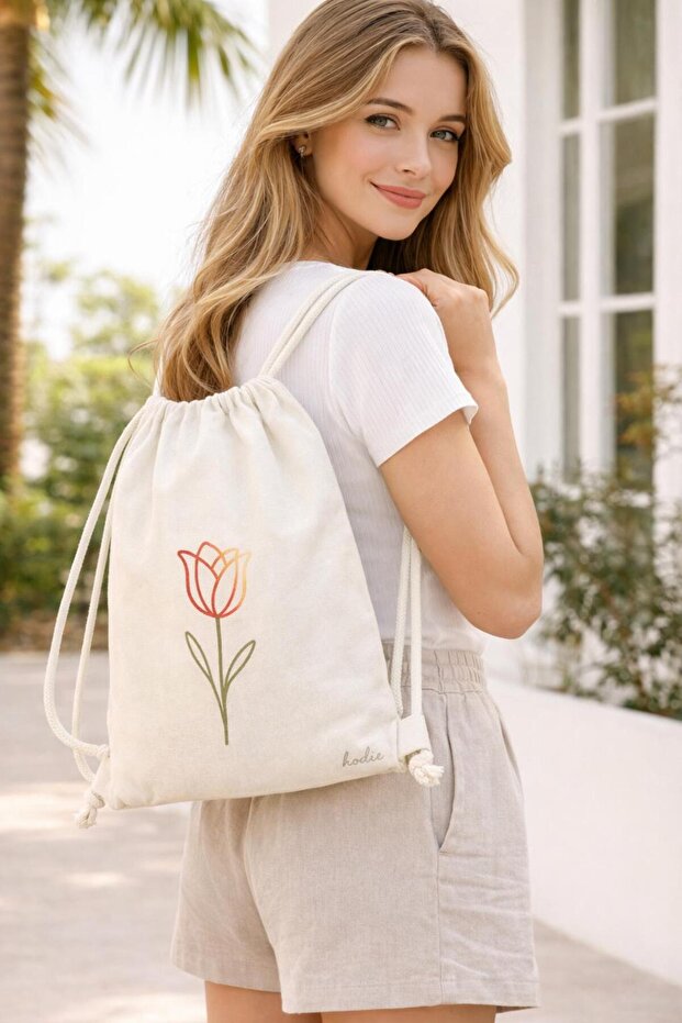 Lale Patterned Ruched Bez Backpack İnce H Lightweight Daily Use