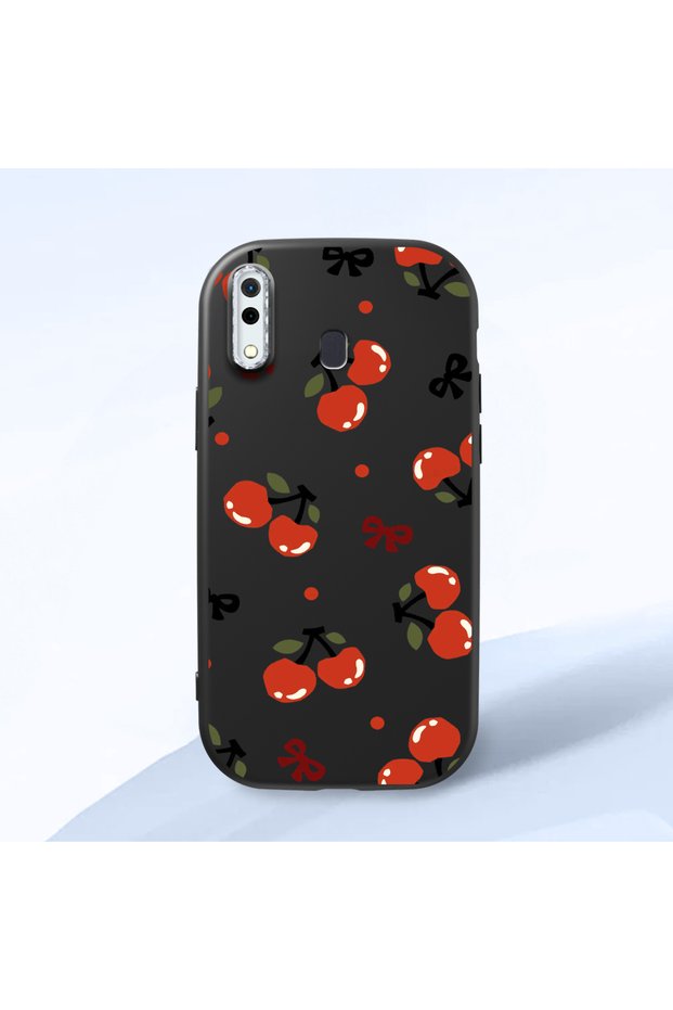 Samsung Galaxy A30 Compatible Camera Protected Black Soft Silicone Phone Case Cherry Patterned