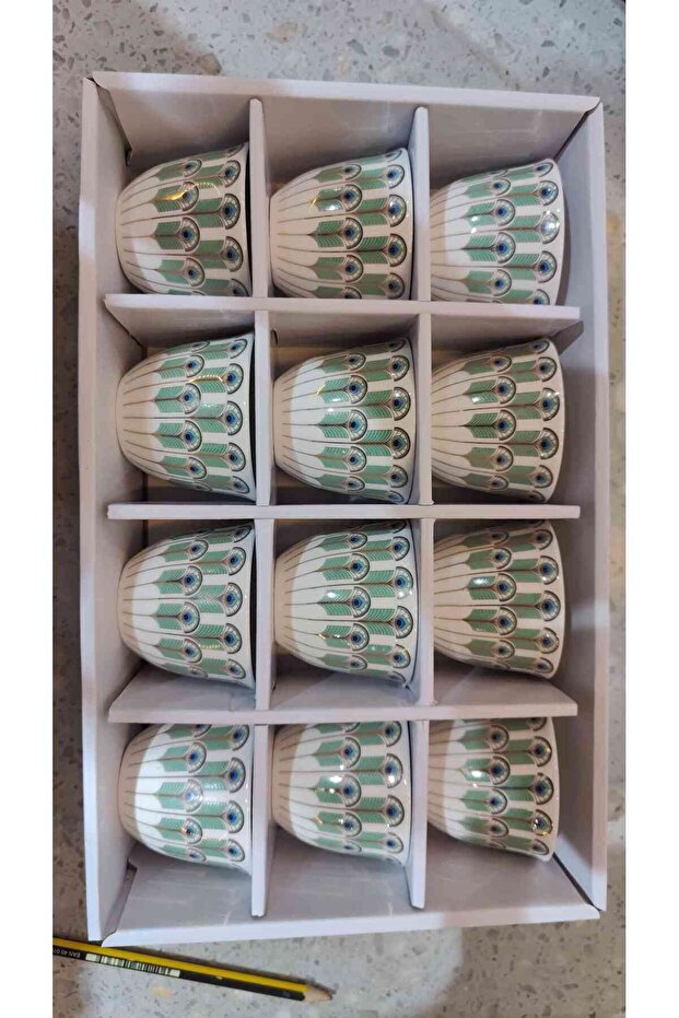 White Ceramic Cawa Cups With Green Feather Design – Cawa Cup Set 12pcs 80cc