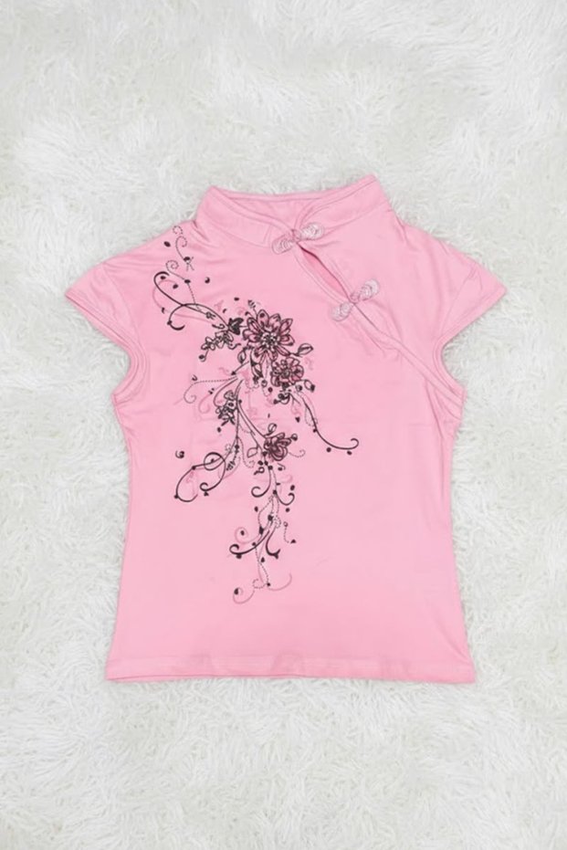 Pink Mandarin Collar Floral Qipao Vintage Y2K Short Sleeve Crop