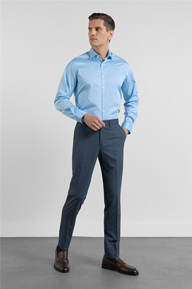 Navy Blue Side Pocket Crowbar Pattern Slim Fit Flexible Classic Trousers 1003255174