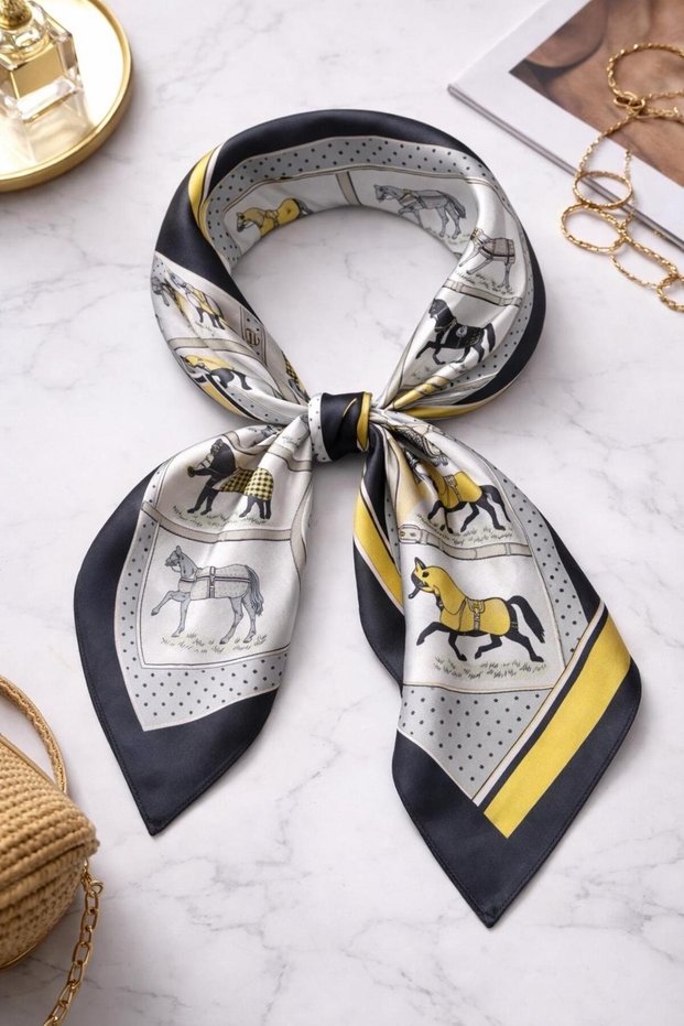 Women's Gray Horse Patterned Silk I Satin Scarf 70X70