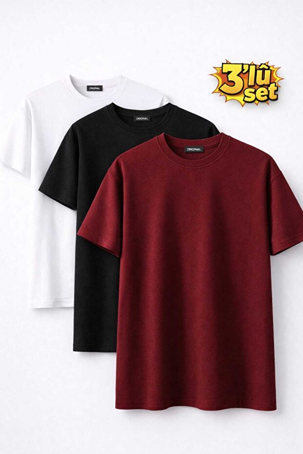 Basic T-Shirt 3-Piece Set Bordo Black White Pam Cotton Maş Regular Fit Men/Unisex