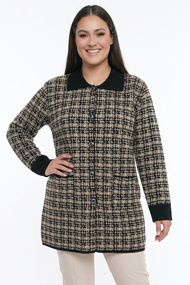 Women's Front Button Double Pocketed Patterned Glittery Plus Size Cardigan