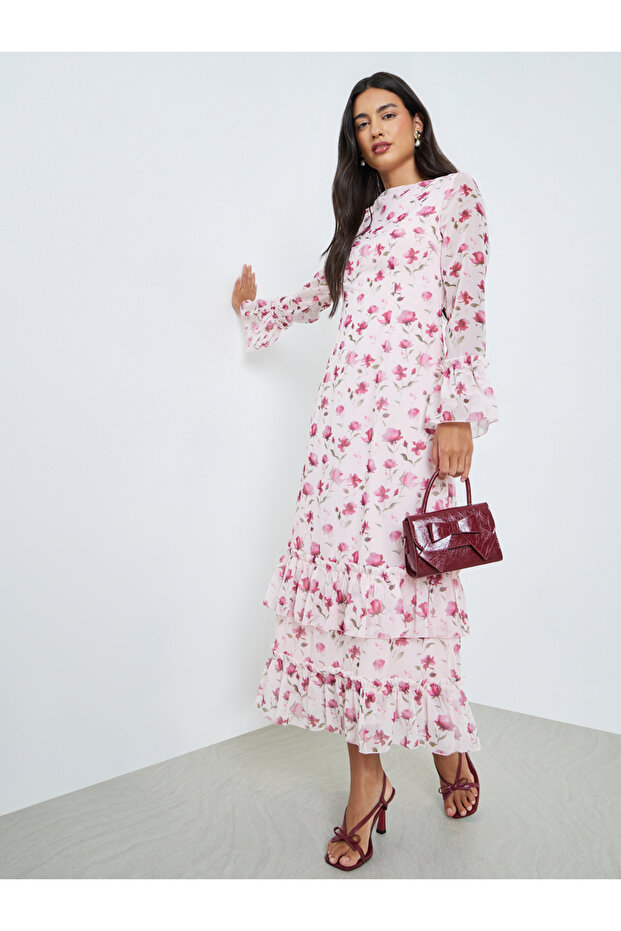 Pink Floral Print Ruffled Maxi Dress